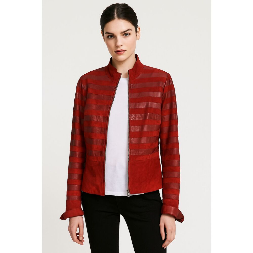 Bugatti Lambskin Leather Striped Maroon Jacket M